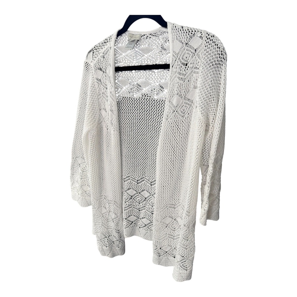 Multiples White Crochet Knit Open Front Cardigan Sweater Womens Small 3/4 Sleeve